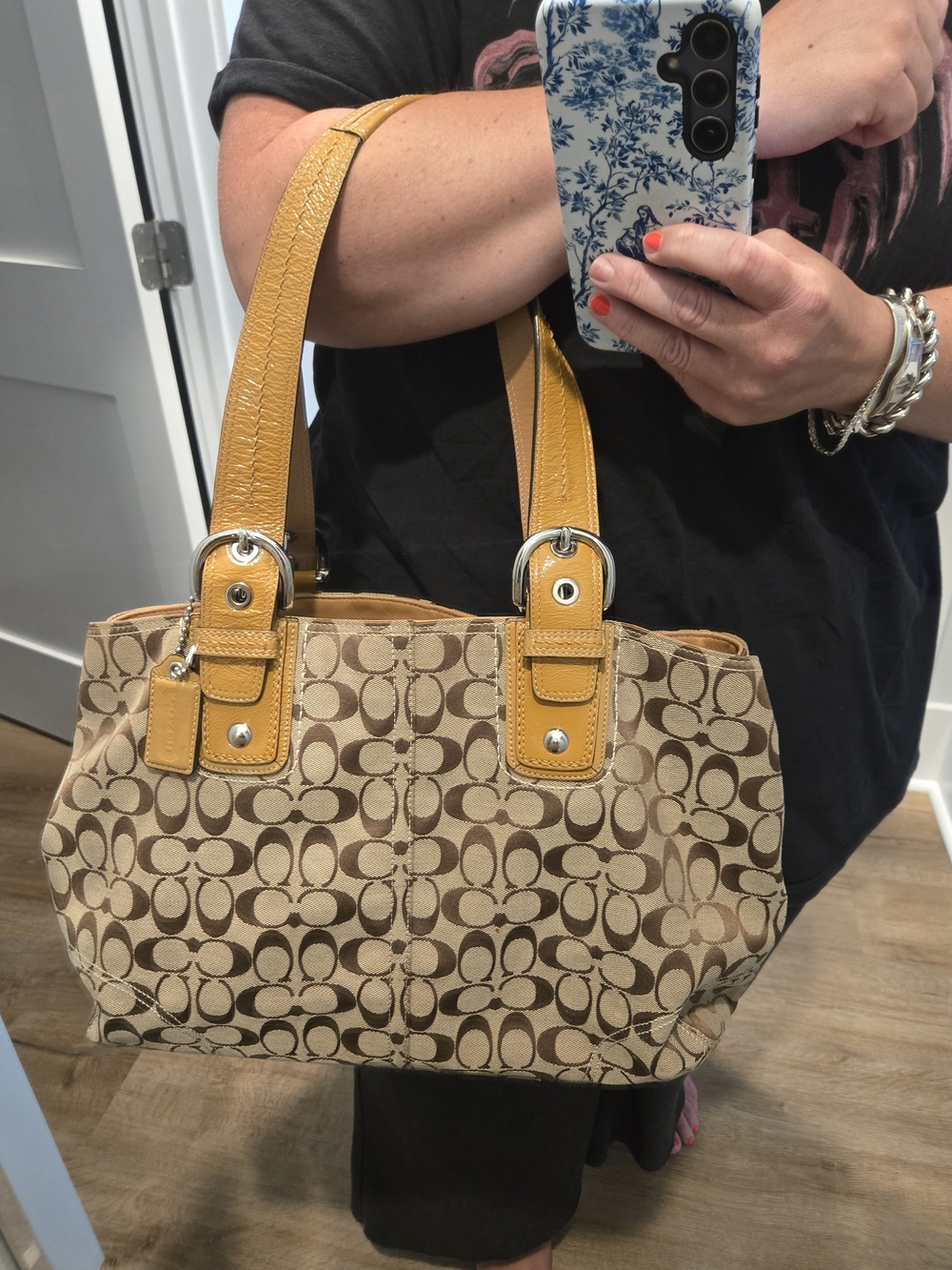Vintage Coach Signature Canvas Tote Bag with Mustard Leather Trim